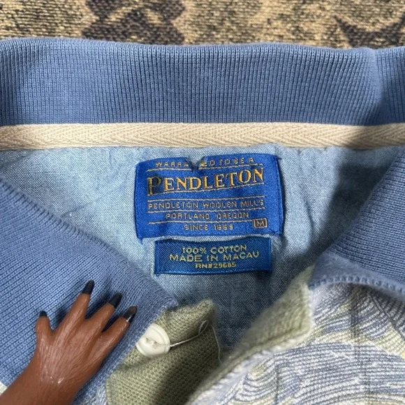 Vintage Pendleton Men's Medium Hawaiian Floral Print Polo Shirt 2-Button Blue - Picture 3 of 8